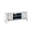 Meuble télé en miroir pour téléviseur de 65 pouces et plus, console de télévision avec rangement ouvert et 2 armoires de rangement, portes de miroir scintillantes en forme de losange