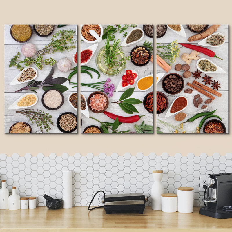 Herbes, légumes et assaisonnements sur bois, nourriture, photographie, réalisme, rustique et ultra, Toile tendue
