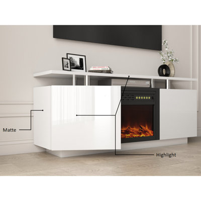 Meuble télé avec foyer 160 cm ultrabrillant - 9 réglages de flammes et de bûches, 750 / 1500watts, 5 niveaux de température, 1 minuterie de 8 heures, protection contre la surchauffe, taille maximale de l'écran blanc 50 Console de 59 pouces avec garde de température