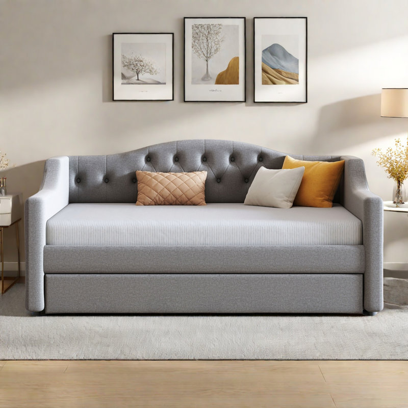 Modern Upholstered Daybed With Led Belt, Trundle And Button Tufted Design, Gray