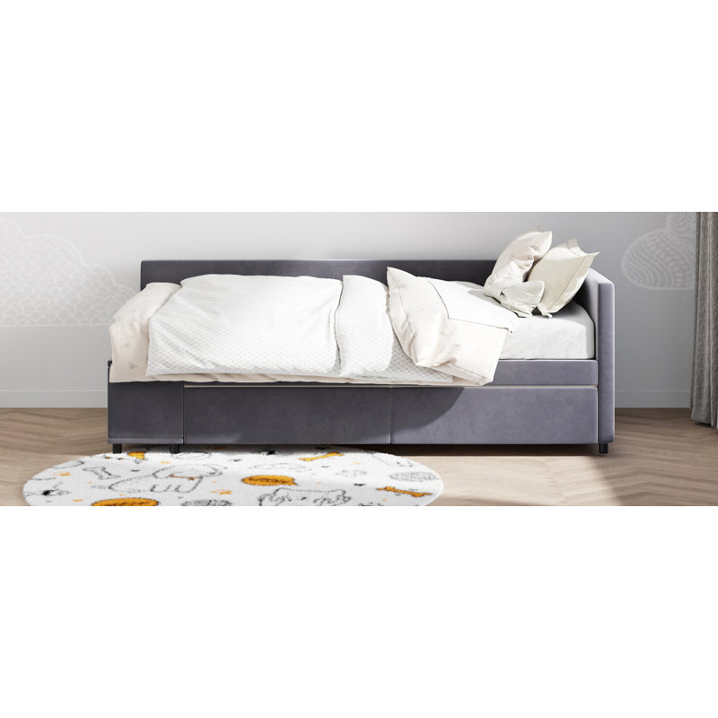 Lit plateforme tapissier en L avec rangement et tiroirs, gris