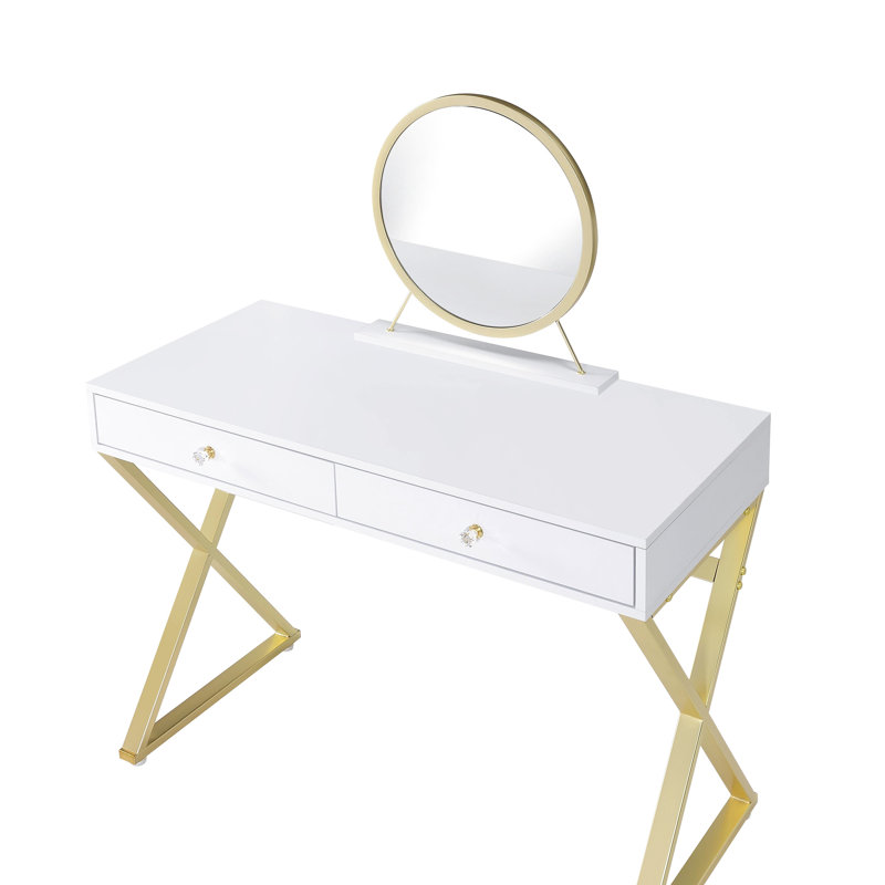 White & Gold Vanity With Rectangular Appearance, Crystal Handle, Metal Frame, Included Mirror Jewelry Tray, 2 Storage Drawers Finish Desk Center Glide