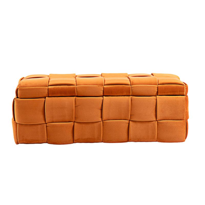 Pransh Velvet Upholstered Storage Bench, Orange