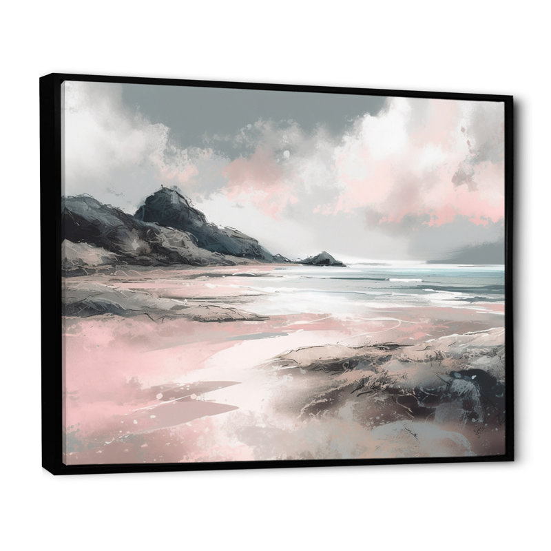 «Pink Coastal Waves I - Modern Beach», reproduction sur toile, H 24 po x l 32 po x P 1 po, Cadre flottant noir