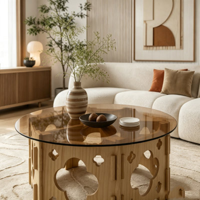 Table basse avec plateau en verre trempé caramel, table basse avec table basse en bois sculpté