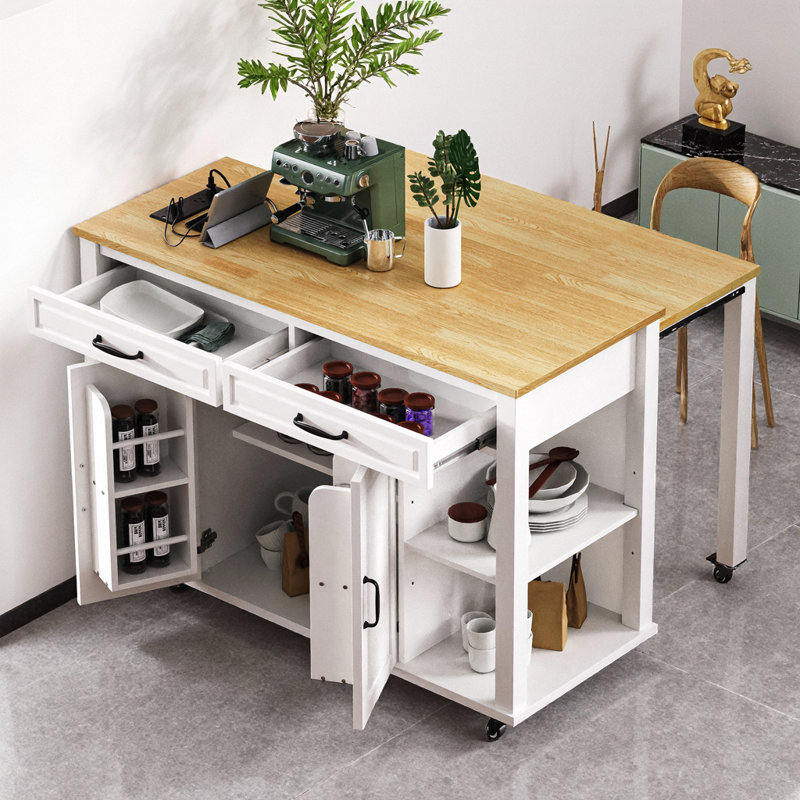 K&K 47 Inch Kitchen Island With Extendable Dining Table, Rubber Wood Veneer Kitchen Table With Internal Storage Rack, Power Outlet, Kitchen Island With Storage 2 Drawers 2 Cabinet