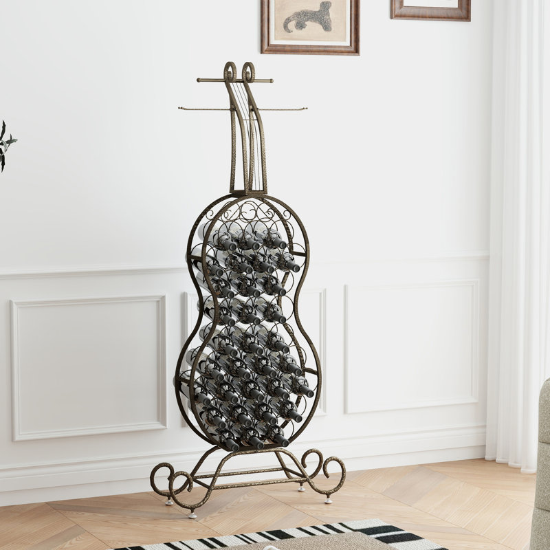 Organisateur de vin brun antique, charme rustique, forme de violoncelle, métal, espace pour la cuisine, porte-gobelets en or, design, économise de l'espace dans la maison, rangement