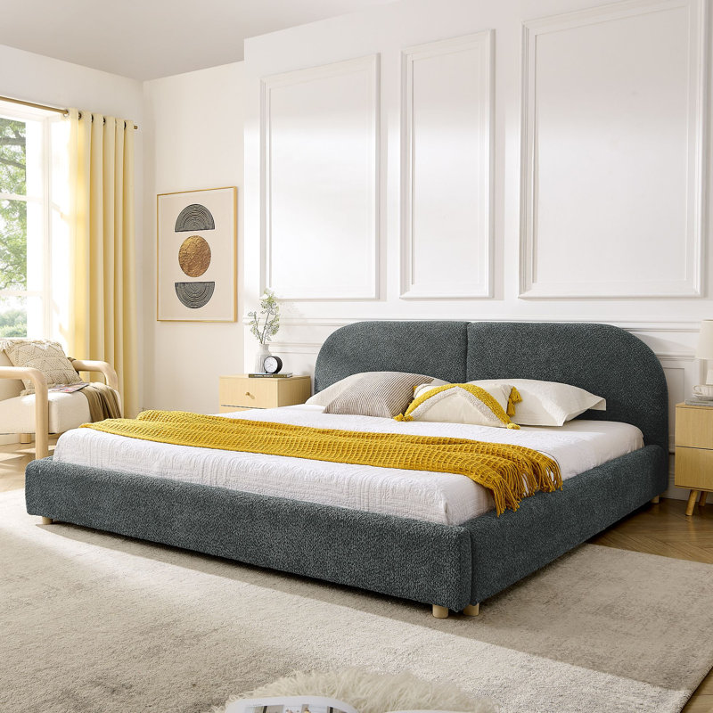 Structure de lit rembourrée de style minimaliste moderne avec tête de lit haute incurvée, tissu en fil de cercle de qualité supérieure et support de pieds robuste, matelas non inclus