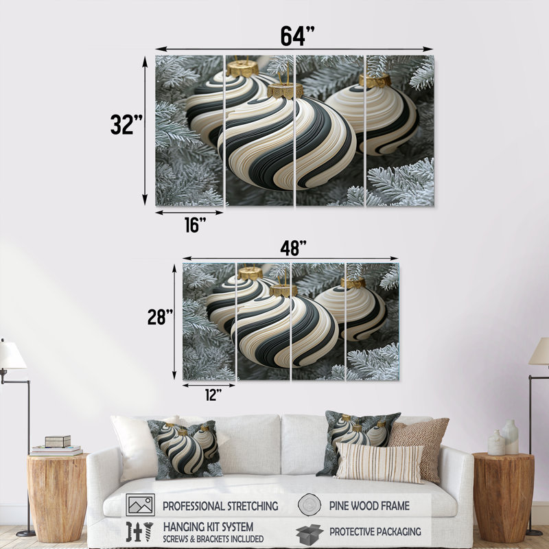 «Black and White Christmas Peppermint Swirl» - ensemble d'art mural sur toile de Noël, H 32 po x l 64 po
