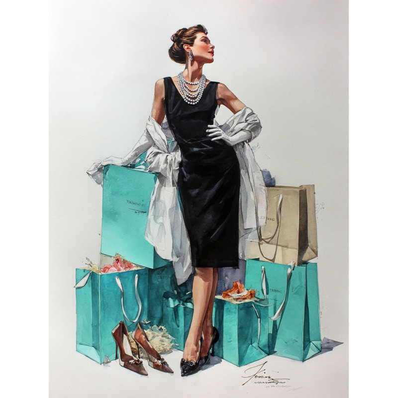 Élégante femme en robe noire avec sacs-cadeaux sur toile tendue, H 24 po x l 16 po