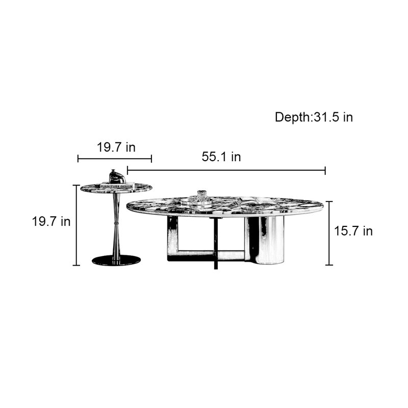 Table basse de luxe ovale en marbre clair, H 15,7 po x L 55,1 po x l 31,5 po