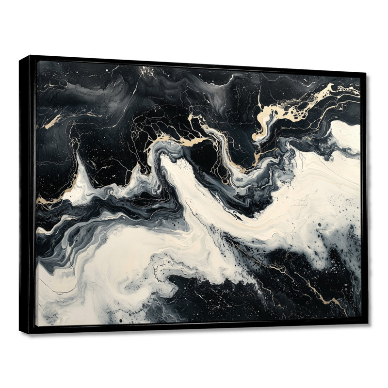 Art moderne sur toile en marbre, Noir, Cadre flottant, H 16 po x l 32 po