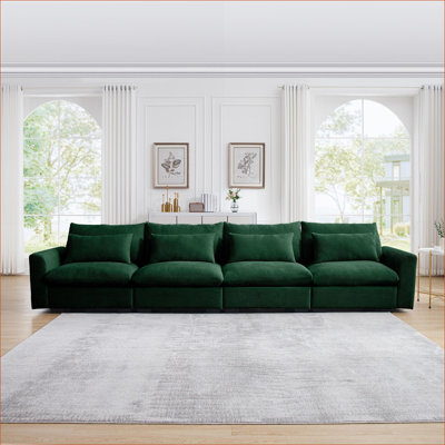 Canapés-lits, siège profond 4 places moderne, pour salon, chambre à coucher, avec 4 coussins décoratifs | Vert sauge | Velours côtelé