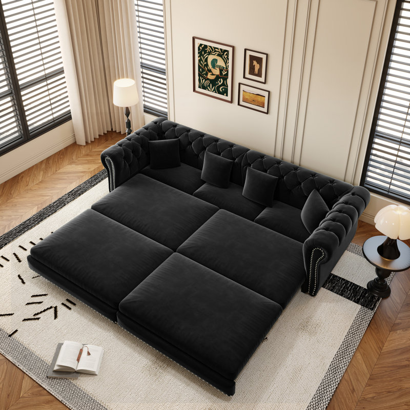 89" Velvet Chesterfield Sofa Bed, Pull-Out Sleeper Sofa, King-size Convertible Couch Bed for Living Room Apartment Office