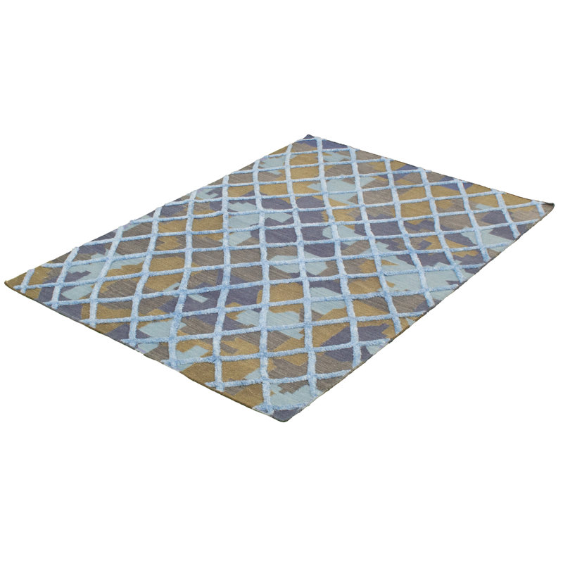 Tapis unique en laine noué à la main de style anatolien bleu / brun clair 5 pi 3 po x 6 pi années 2010 Phyllida