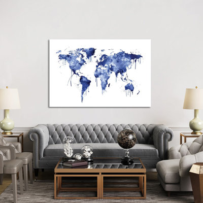 Watercolour Map Of The World Map, Blue by Michael Tompsett - Wrapped Canvas Print
