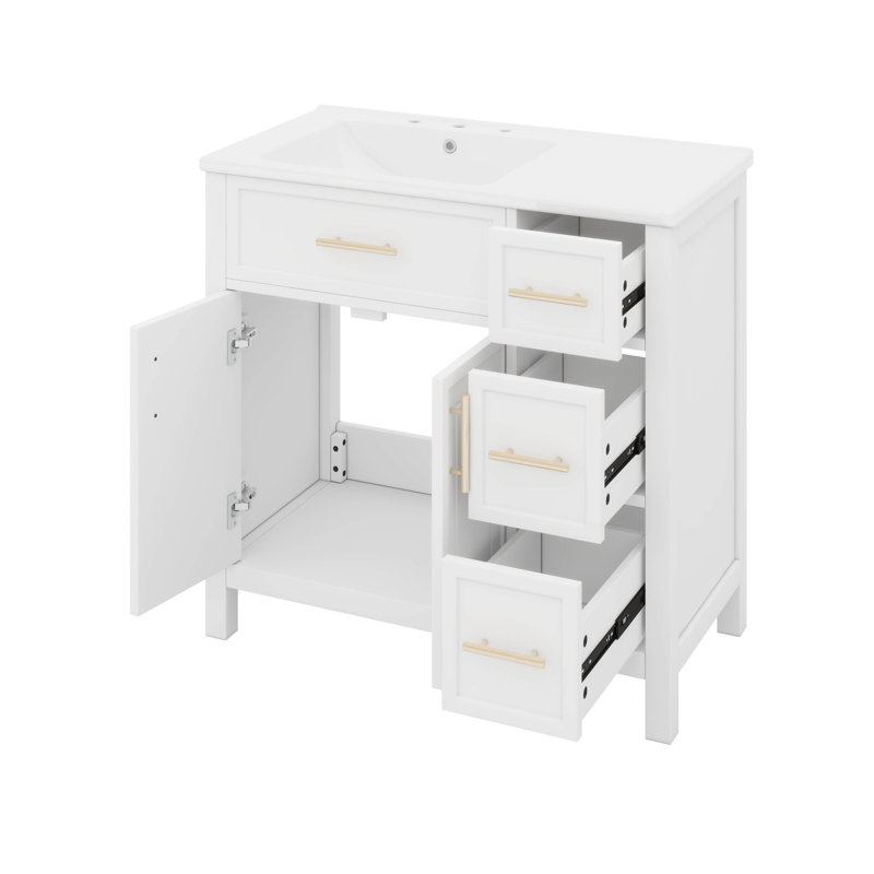 36" Bathroom Vanity With Sink Top, Two Doors And Three Drawers, White