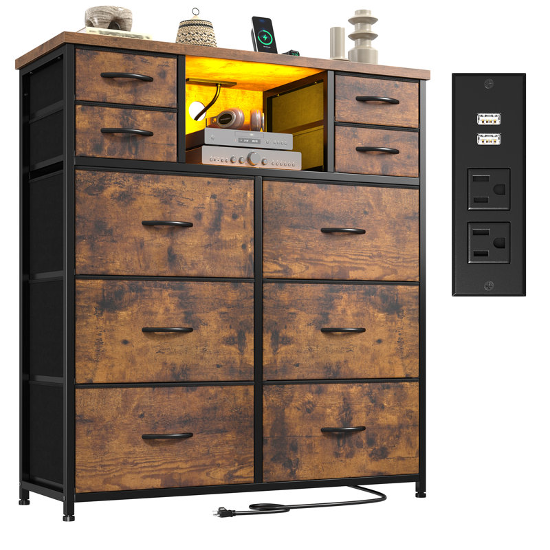 Grande commode avec rangement et éclairage - 10 tiroirs en tissu - Convient aux chambres à coucher, aux salles à manger et aux salons