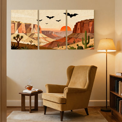 Paysage et nature, paysage désertique avec cactus et chauves-souris, ensemble de 3 impressions sur toile