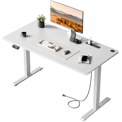Bureau debout électrique réglable en hauteur avec prises de courant intégrées et ports USB, bureau personnel assis-debout avec panneau de contrôle de la mémoire et gestion des câbles, blanc