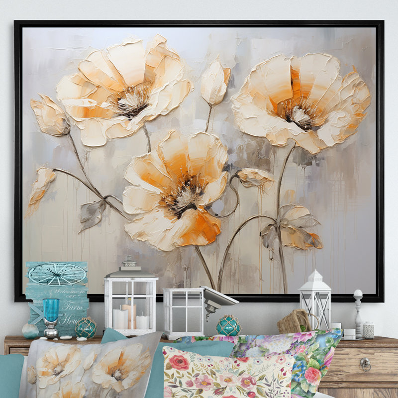 «Beige Poppy Meadow Melody VI» sur toile, Cadre flottant noir, 30" H x 40" W