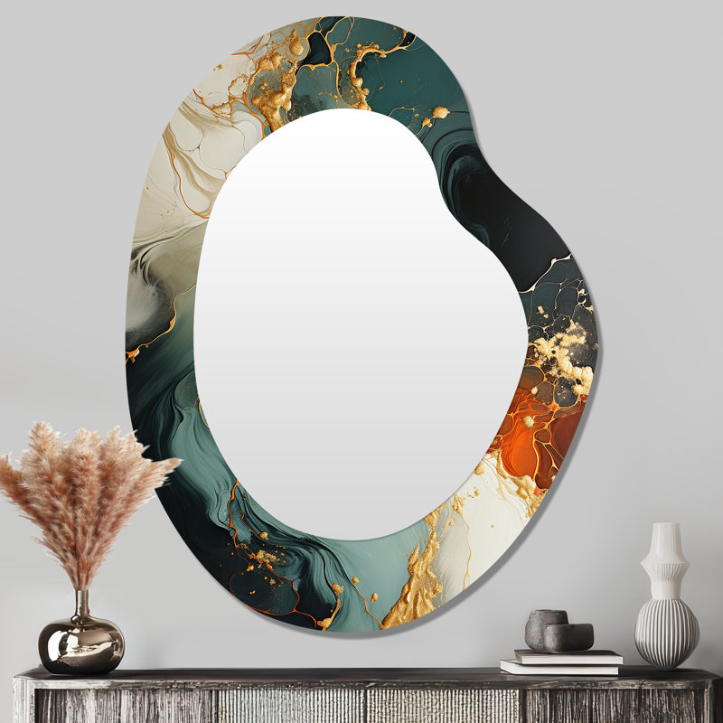 Harriette tempête de pierre blanche, bleue et orange IV - peinture abstraite de forme irrégulière, miroir mural décoratif asymétrique orange, impression sur métal