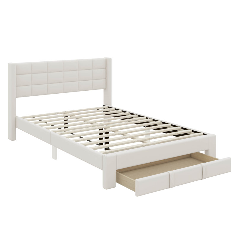 Grand lit plateforme tapissier avec grand tiroir, Beige