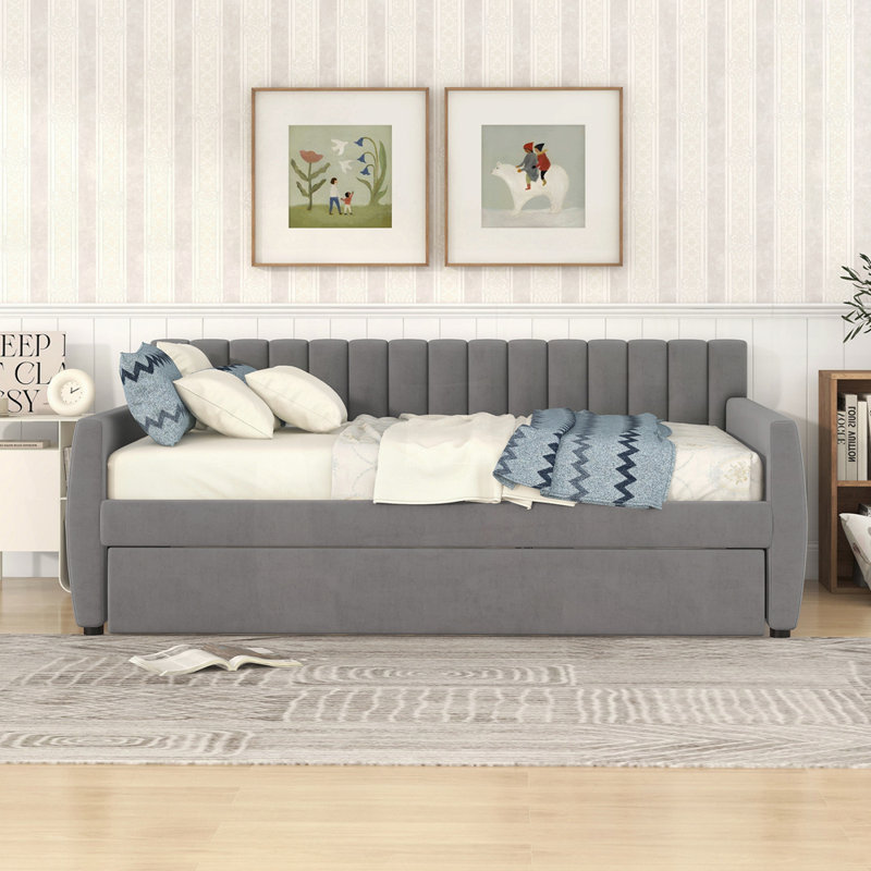 Versatile Upholstered Daybed with Pull-Out Trundle for Extra Sleeping Space, Grey