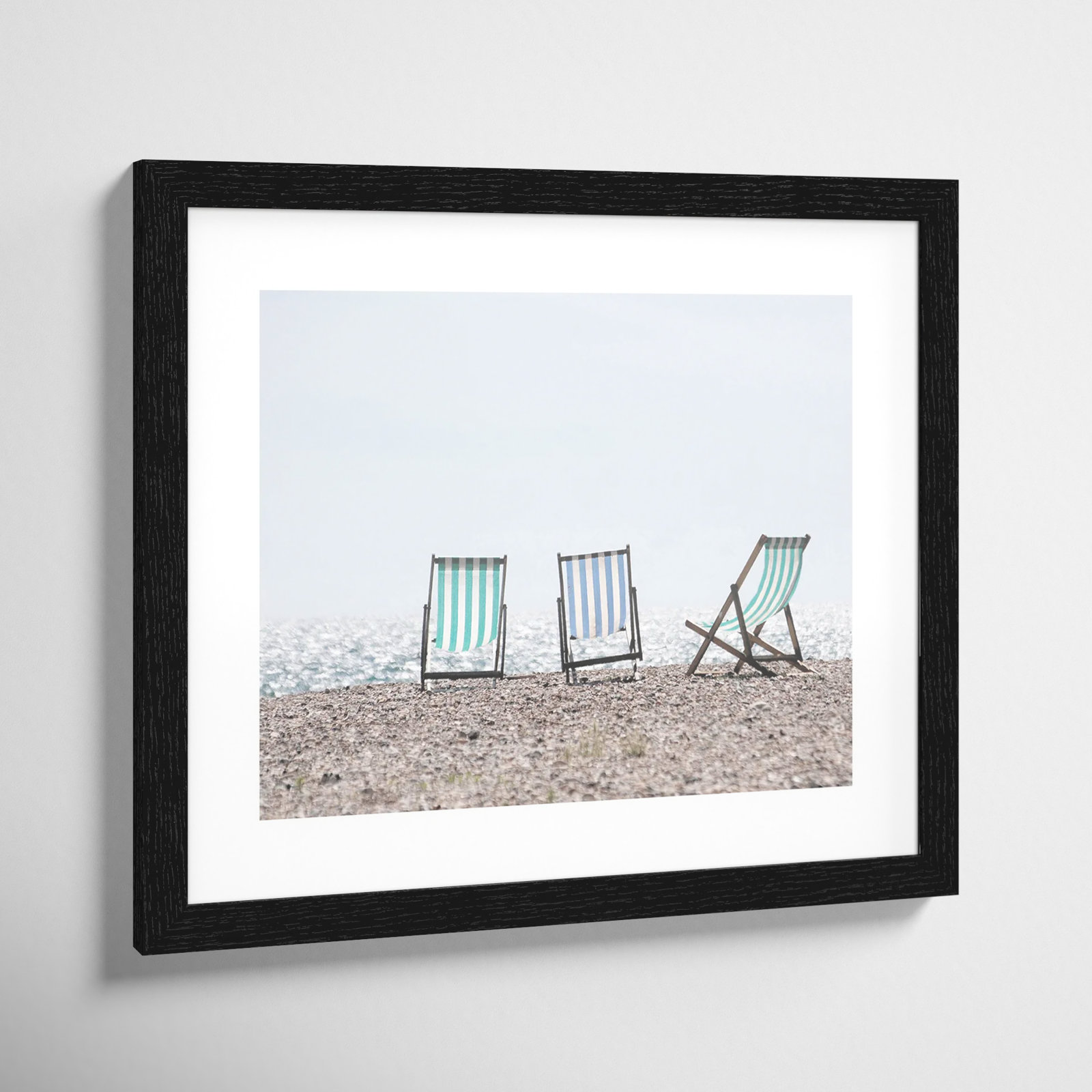 Adriatica "Beach Chairs" Print, 13" H x 15" W x 0.75" D, Black Wood Grain Framed Paper