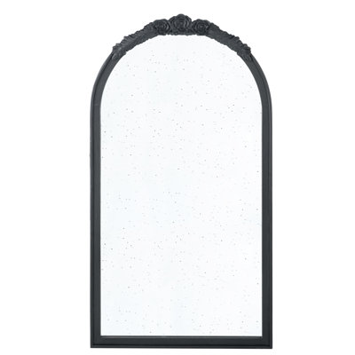 23"X42" Wood Arch Mirror, Hand Rose Antique Style Frame For Bathroom, Living Room, Entryway, Black Curve Entryway Decorative Wood,