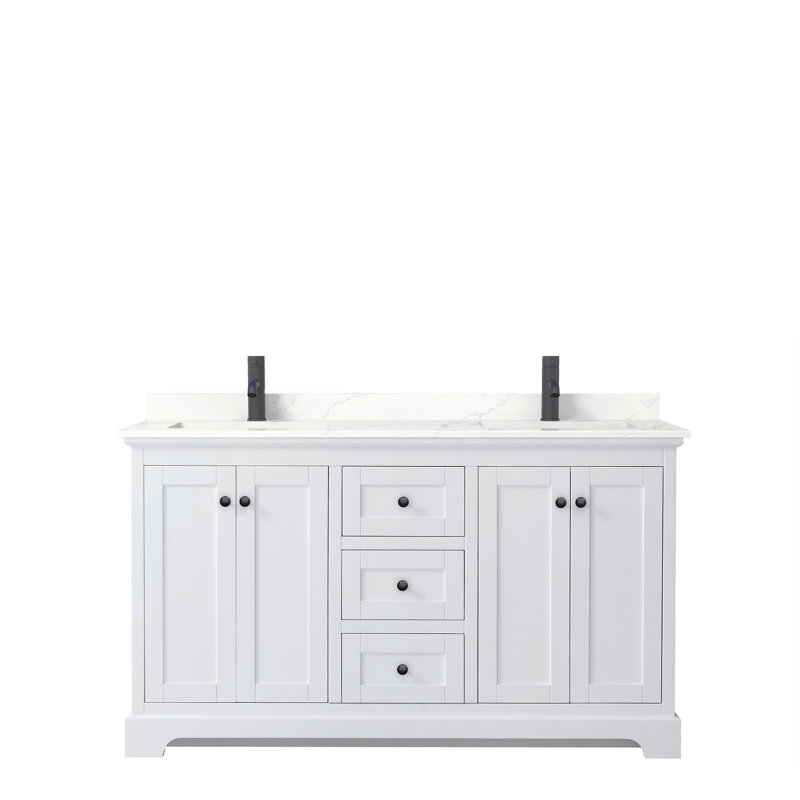 Meuble-lavabo double autoportant avec plateau Avery, Giotto Quartz, Blanc, Noir mat