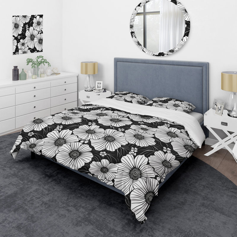 Ensemble de housse de couette transitionnel noir et blanc Floral Garden II, Housse de couette simple et deux taies décorative