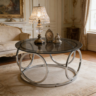 31.5"Modern Round Glass Top Coffee Table With Circular Metal Frame, Contemporary Accent Center Table For Living Room, Office, And Lounge