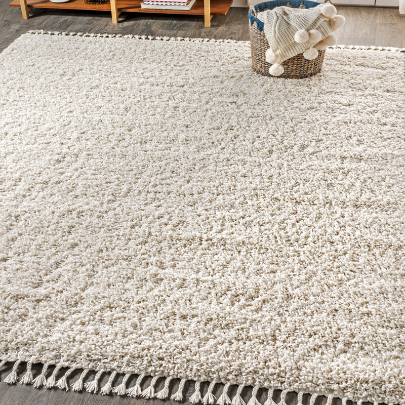 Felicdad Shag Plush Tassel Cream Rug, Rectangle 5'3" x 7'6"