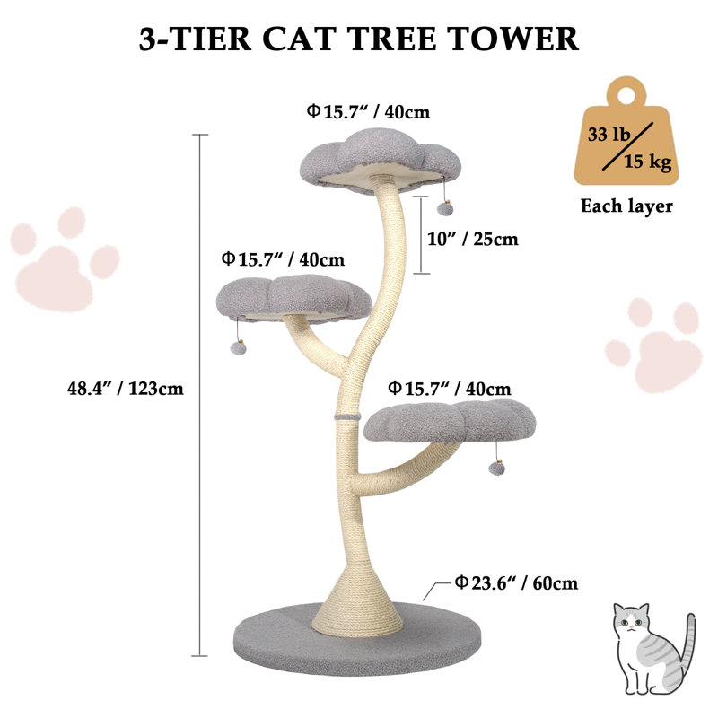 48.4" Modern Floral Cat Tree Tower with Multi-Level Viewing Platforms & Sisal Scratching Posts, Suitable for Cats of All Sizes, Gray