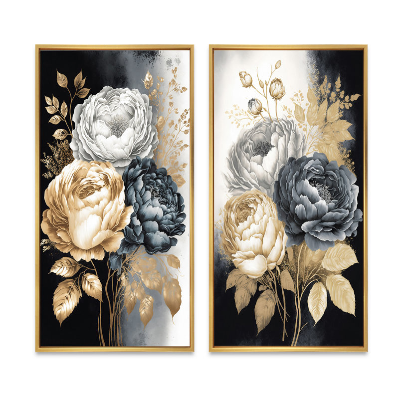 «Bouquet de roses blanches, dorées et noires», 2 pièces sur toile, Encadrement doré, H 32 po x l 32 po
