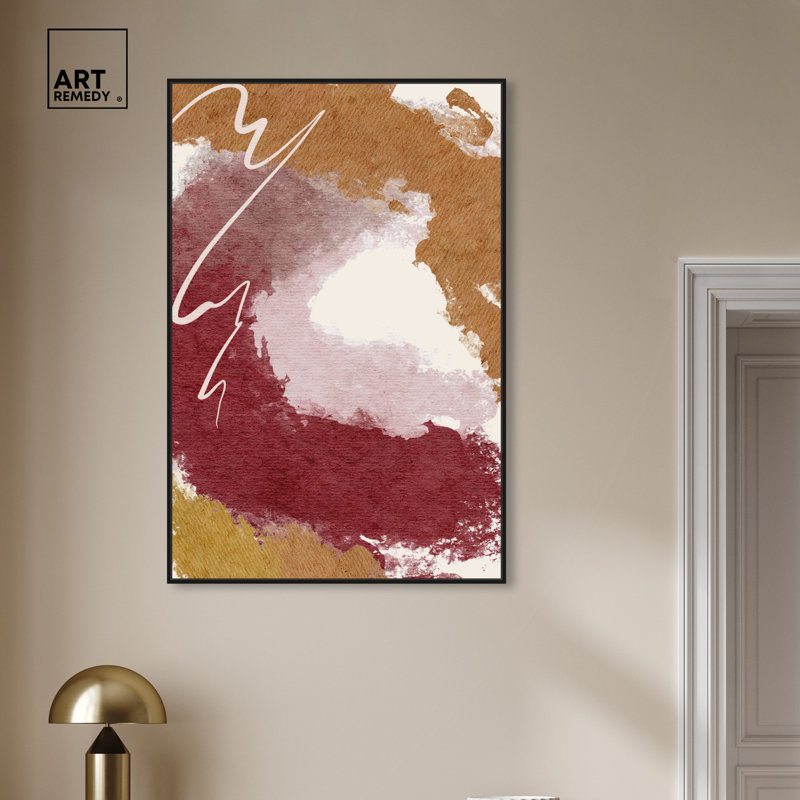 Burgundy and Cork Abstract Canvas Wall Art with Black Frame