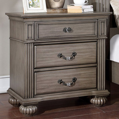 Bedroom Nightstand In Gray Solid Wood With 3, Bearing Slides, And Antique Brass Handles Bronze Drop Hanging Pulls For Sophistication