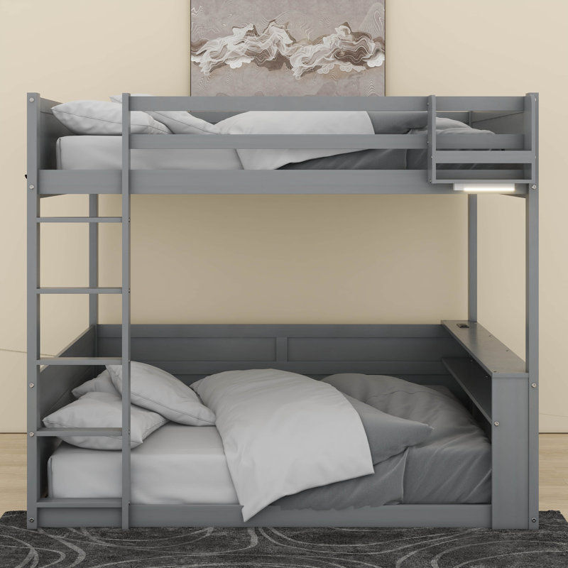 Grand lit superposé en bois avec tablettes intégrées, boîte de rangement, lumière DEL et station de charge USB, Gris