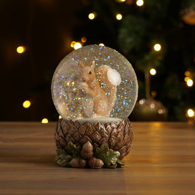 Large Resin Snow Globe with Squirrel on Natural Base