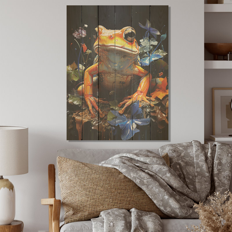 Art mural grenouille orange sur verre - grenouilles et crapauds sur bois de pin naturel, H 20 po x l 10 po