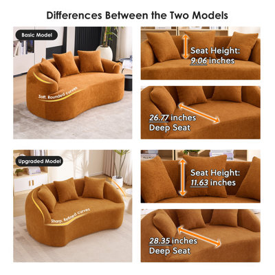 Canapé 2 places moderne incurvé sans dossier, dossier amélioré, canapé compressif orange en chenille avec 3 coussins, canapés modulaires minimalistes pour salon, bureau, appartement, chambre d'amis