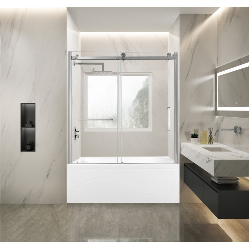 Kingston Brass 60-Inch Acrylic Rectangular 3-Wall Anti-Skid Alcove Tub With Tub Door, Hand Drain, Left, Brushed Nickel