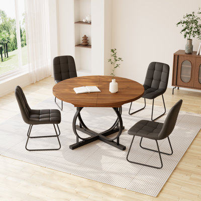 Clanton 43.3‘’-59‘’Extendable Round Mordern Dining Table Set , Mid Century Modern Round Dining Table, Saving Space (1 Walnut Table 4Black Chairs)