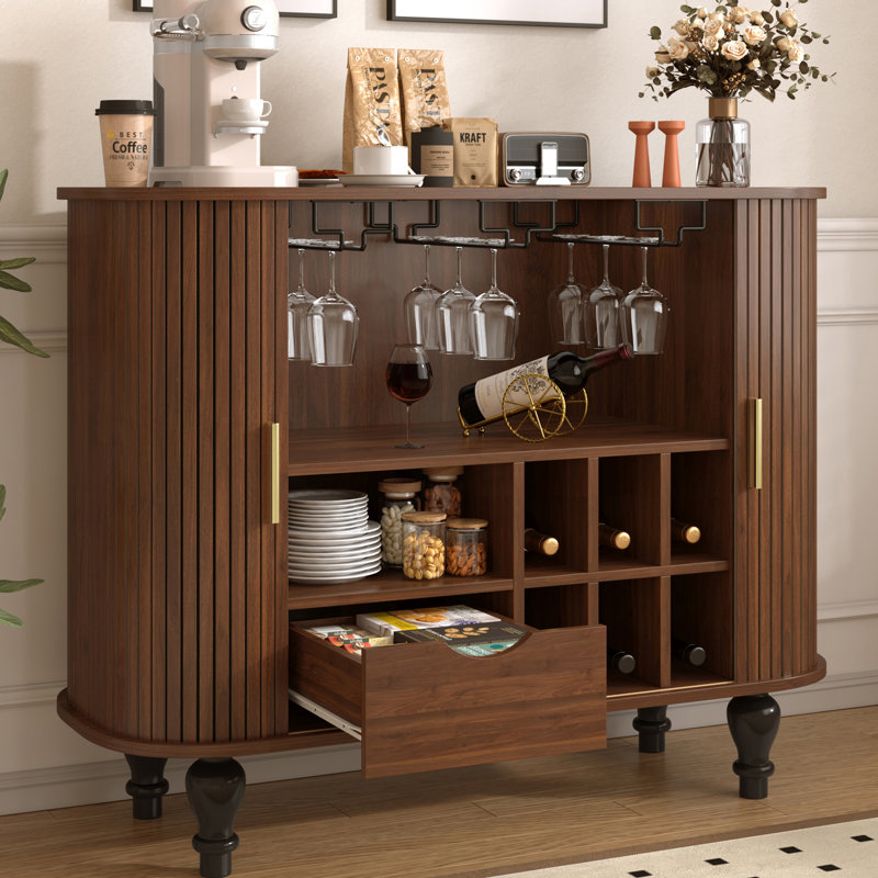 39'' Modern Bar Cabinet, Wine Cabinet Sideboard Buffet With Wine Glass Holder & Wine Rack, Walnut