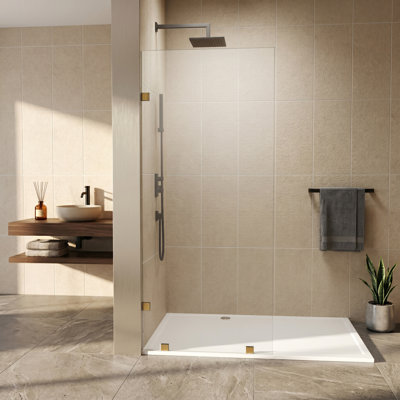 Écran de douche sans cadre l 43 po x H 80 po avec verre trempé de 3/8 po (10 mm) transparent, résistant à l'explosion et doré brossé