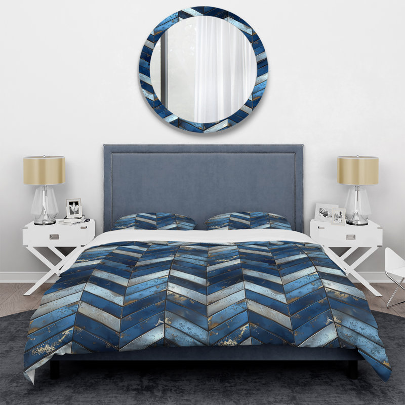 Blue Chevron Glam Pattern III - Transitional Duvet Cover Set, Queen Duvet Cover + 2 Standard Shams