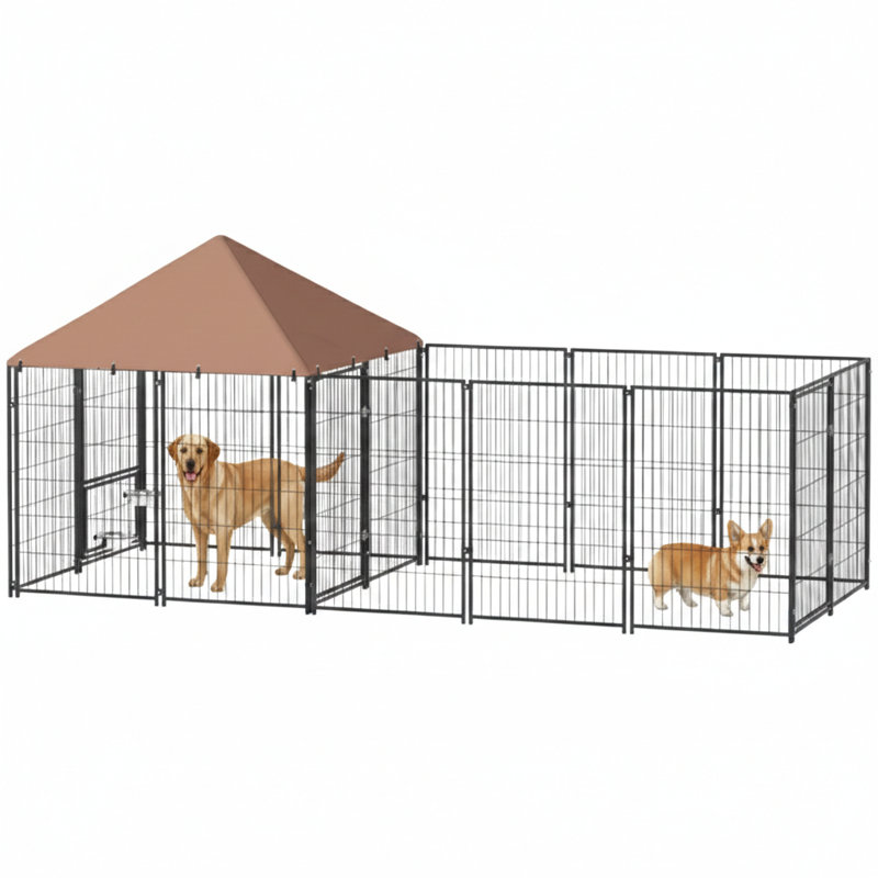 Spacious Outdoor Canine Enclosure Equipped with Bowls That Rotate and Adjust in Height, Features a Waterproof and UV-Resistant Top Cover, Coffee Colour Finish.