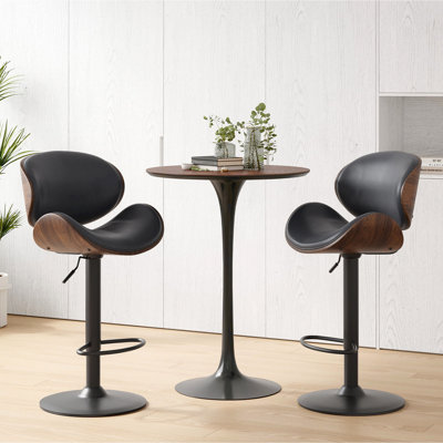 Ensemble de 2 tabourets de bar pivotants en bois cintré à hauteur réglable avec siège, dossier et repose-pieds en cuir synthétique, comptoirs de cuisine modernes pour bar, salle à manger