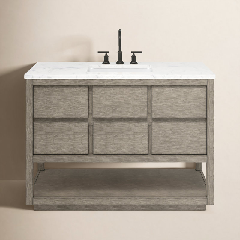 Artemus Tessa Meuble-lavabo de comptoir en bois de manguier et marbre blanc de Carrare, Chêne gris